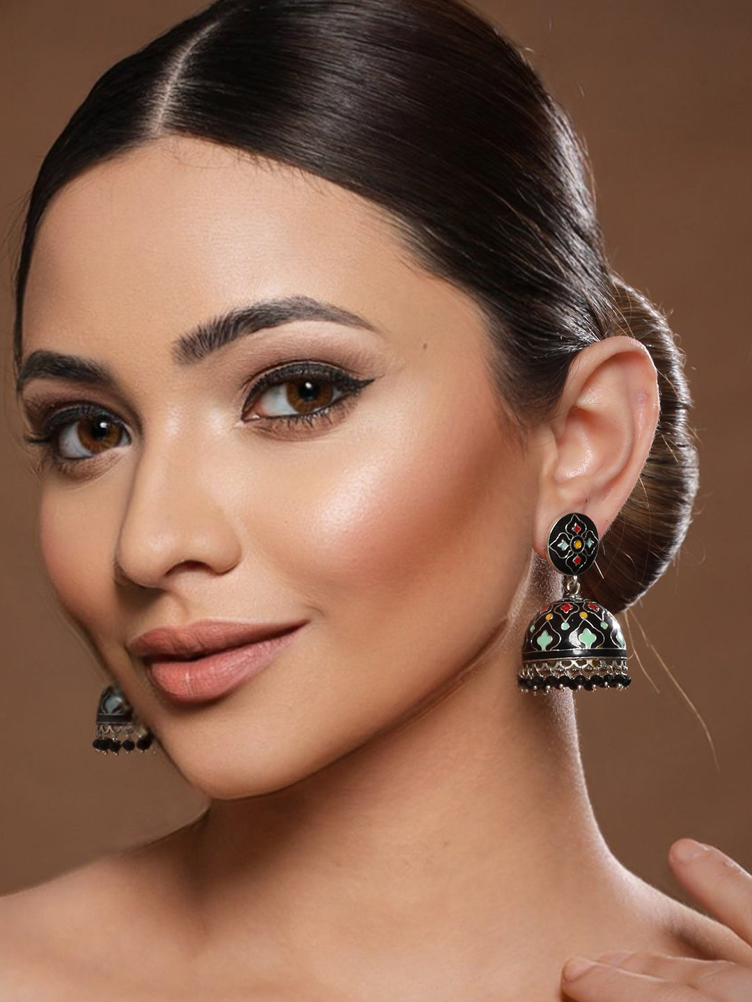 Black Designer Handpainted Jhumka Earrings